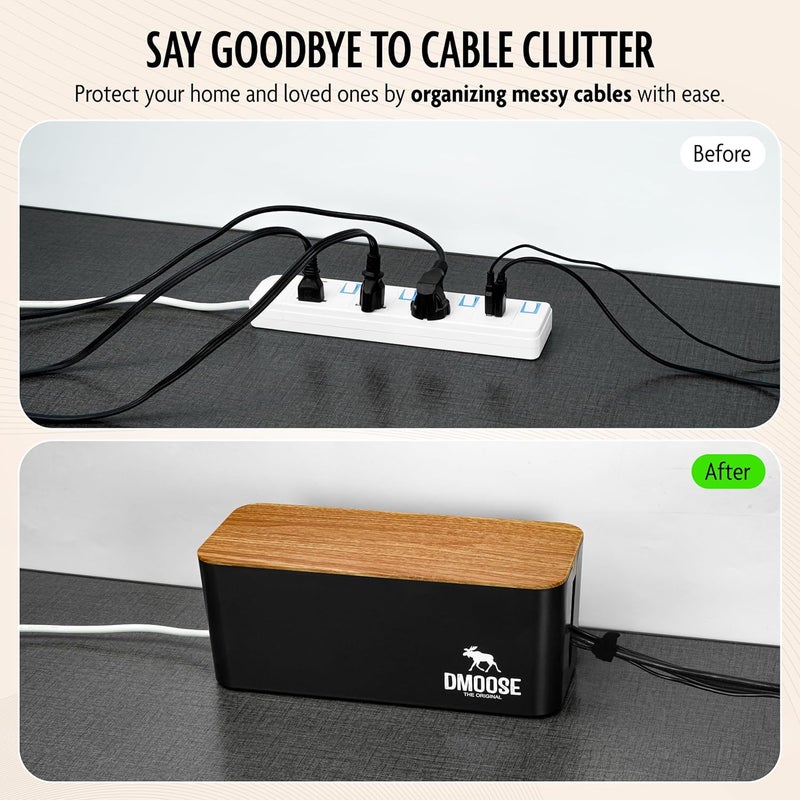 DMoose  Cable Management Box - 2 Pack Medium & Large Cord Organizer for Desk & Floor, Cable Organizer Box for Child & Pet - Hider for Tidy Office & Home (Wood Print Lid, Black, Pack of 2) - Image 3